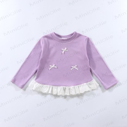Toddler Girl Ribbed Bow Lace Long Sleeve T-Shirt - Light Purple - 10-11T - image 9