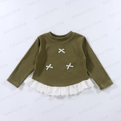 Toddler Girl Ribbed Bow Lace Long Sleeve T-Shirt - Green - 10-11T - image 10