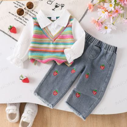 Baby Colorful Striped Knit Vest and Denim 3-piece Set - White - 2-3Y - image 1