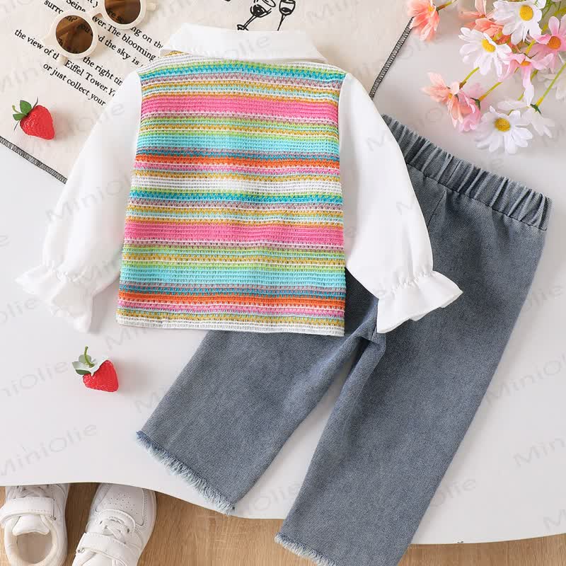 Baby Colorful Striped Knit Vest and Denim 3-piece Set - image 2