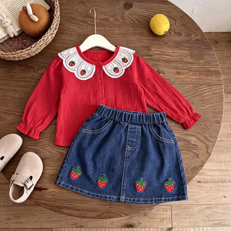 Toddler Girl Strawberry Collar Top and Denim Skirt 2-piece Set - Red - 8Y - image 1