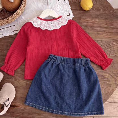 Toddler Girl Strawberry Collar Top and Denim Skirt 2-piece Set - image 2