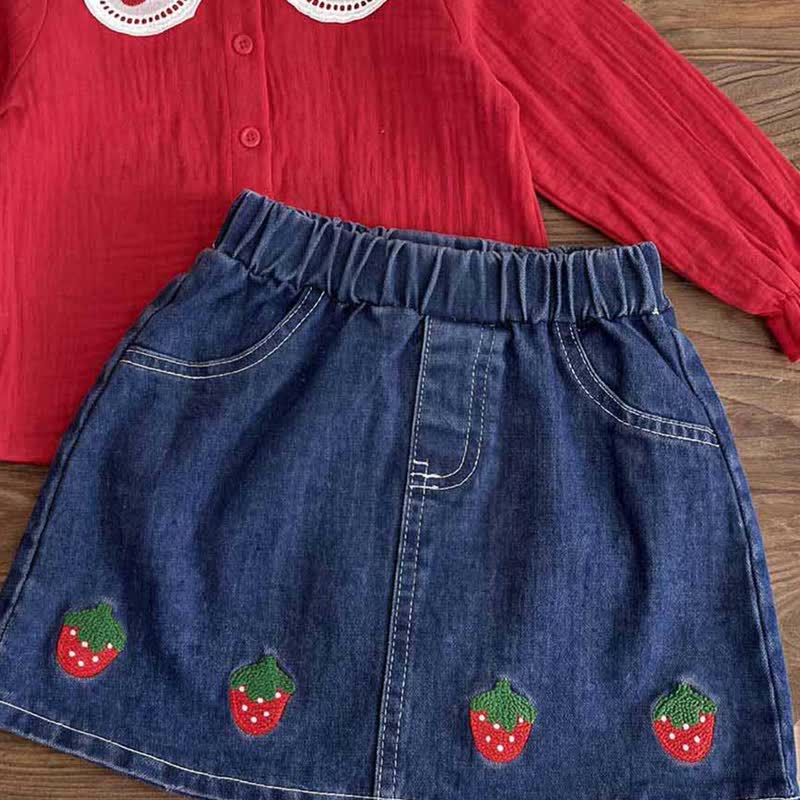Toddler Girl Strawberry Collar Top and Denim Skirt 2-piece Set - image 5
