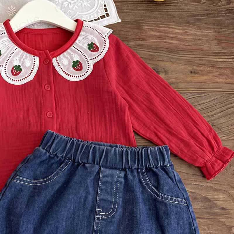 Toddler Girl Strawberry Collar Top and Denim Skirt 2-piece Set - image 4