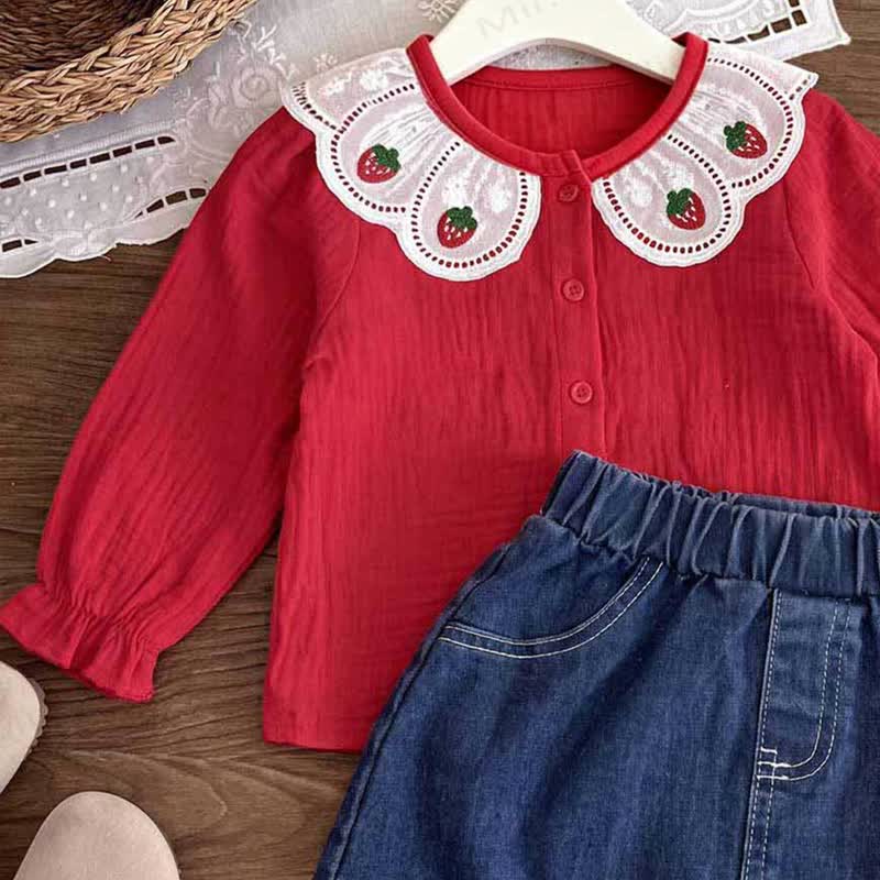 Toddler Girl Strawberry Collar Top and Denim Skirt 2-piece Set - image 3