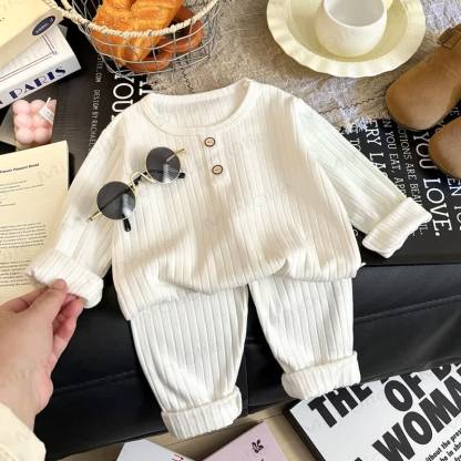 Toddler Kid Solid Color Knit Henley Lounge 2-piece Set - White - 8-9T - image 3