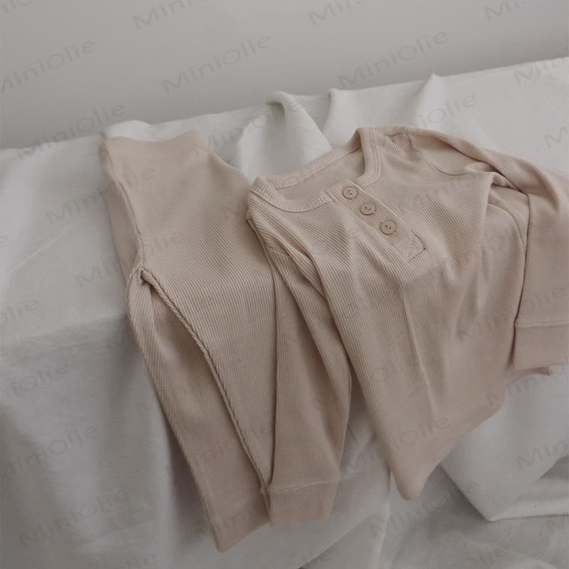 Baby Toddler Solid Color Ribbed Henley Long Sleeve Pajama 2-piece Set - Beige - 4-5T - image 2