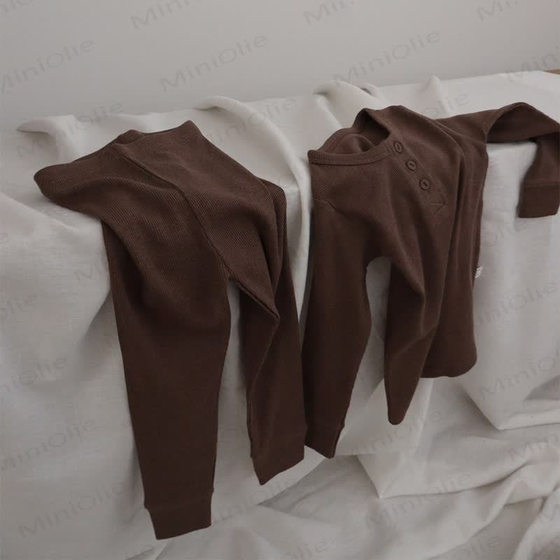 Baby Toddler Solid Color Ribbed Henley Long Sleeve Pajama 2-piece Set - Brown - 4-5T - image 4
