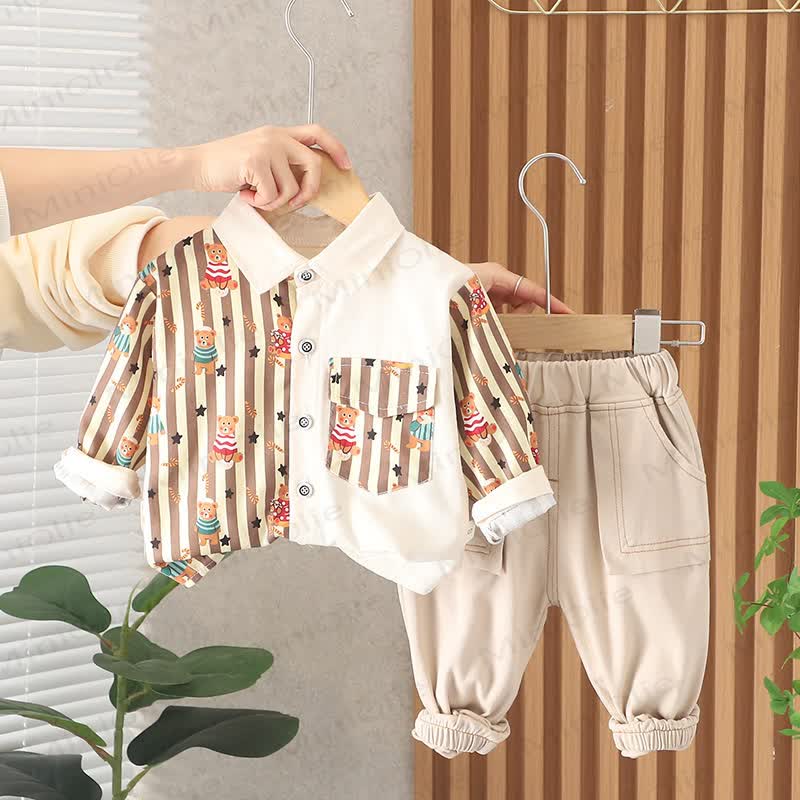 Toddler Baby Cartoon Bear Stripe Collared Shirt and Jogger 2-piece Set - Brown - 4-5T - image 2