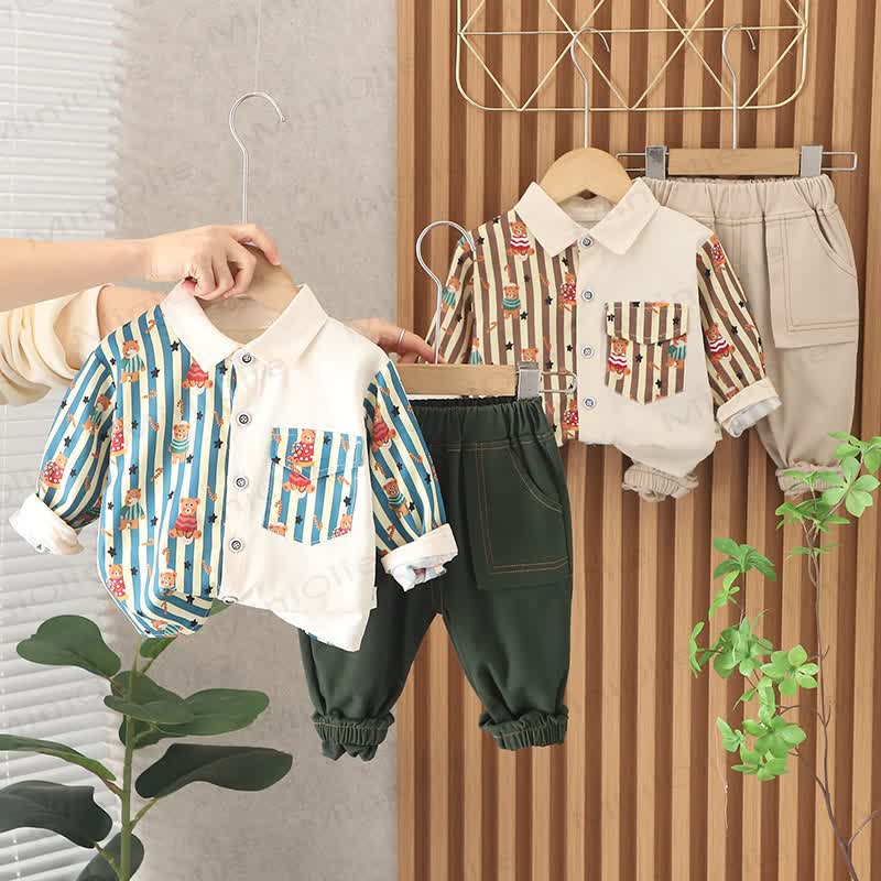 Toddler Baby Cartoon Bear Stripe Collared Shirt and Jogger 2-piece Set - image 1