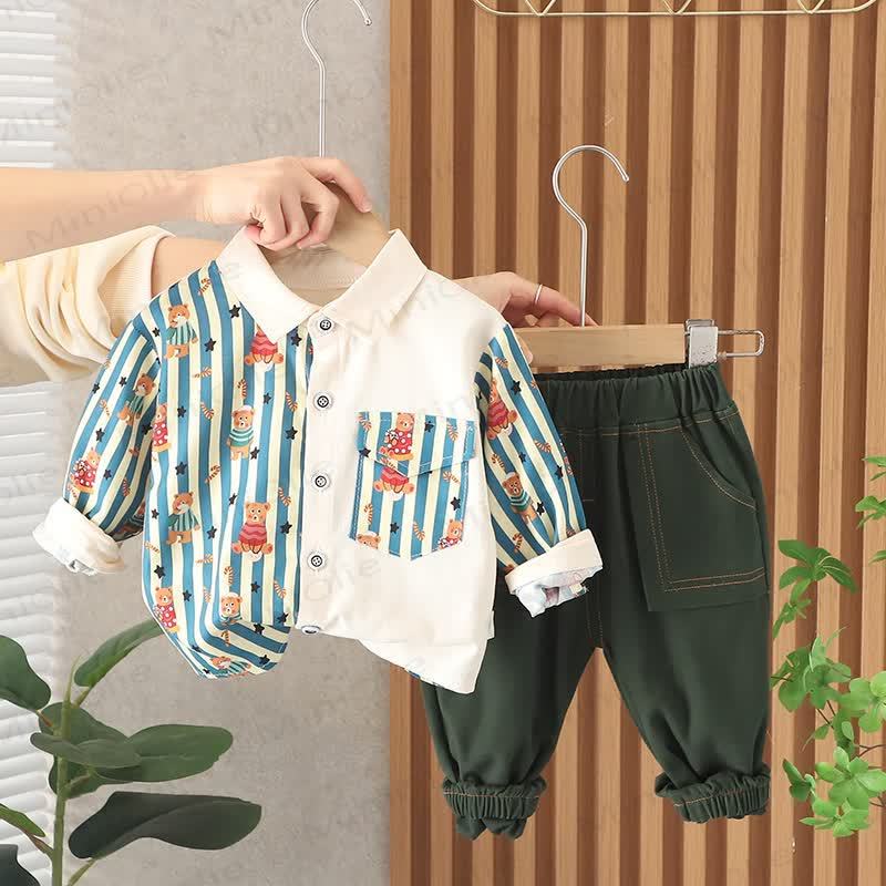 Toddler Baby Cartoon Bear Stripe Collared Shirt and Jogger 2-piece Set - Green - 4-5T - image 3
