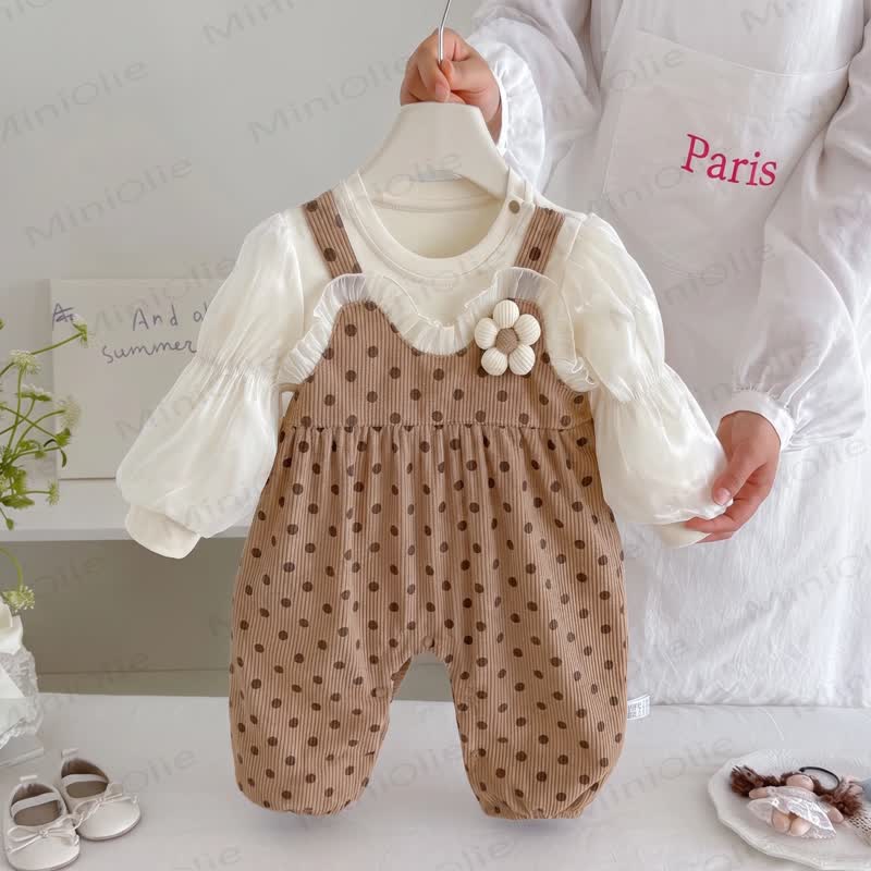 Baby Polka Dot Flower Fake 2pcs Romper - Khaki - 18-24M - image 1