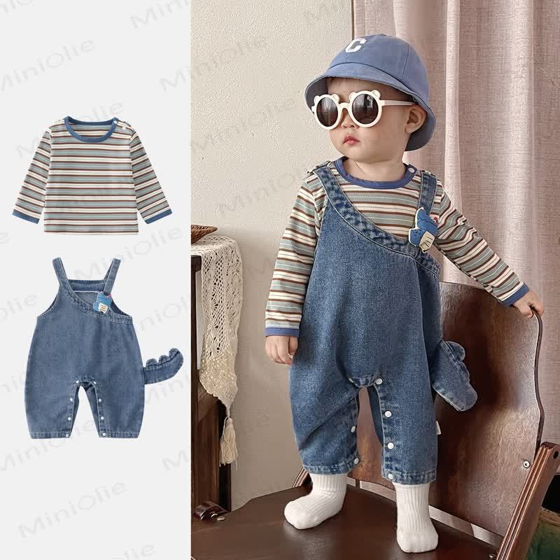 Baby Toddler Blue Striped Tee and Denim Overalls 2-piece Set - image 1