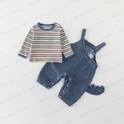 Baby Toddler Blue Striped Tee and Denim Overalls 2-piece Set - Blue - 2-3T - image 2