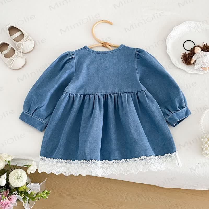 Baby Toddler Butterfly Denim Lace Hem Long Sleeve Dress - image 2