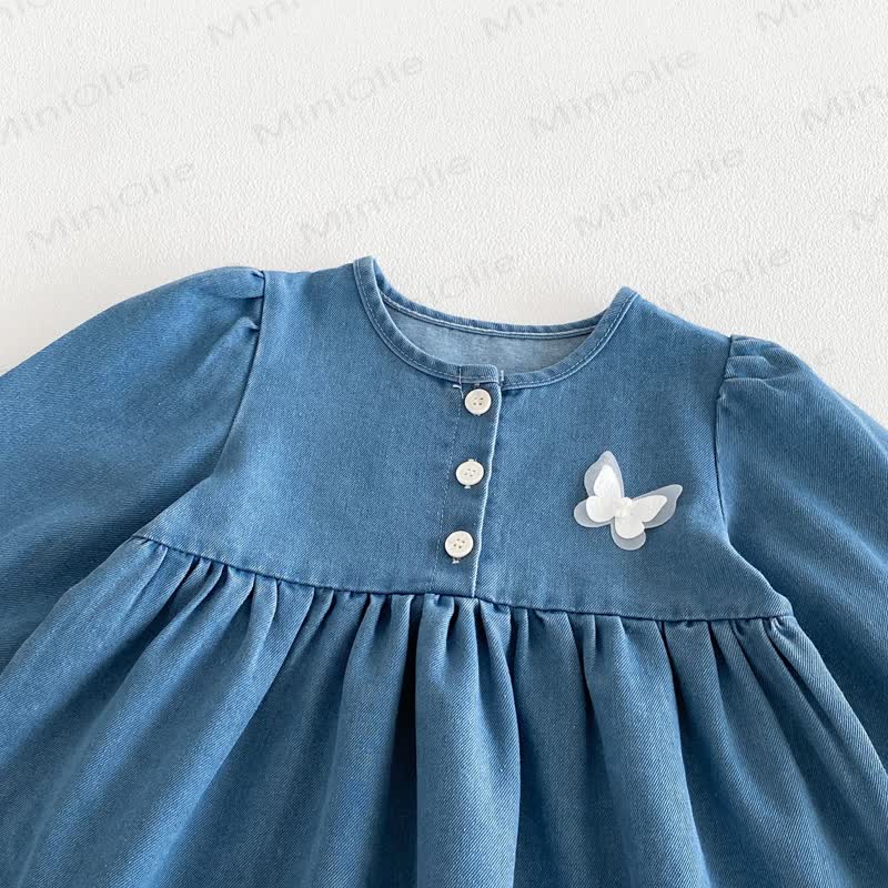 Baby Toddler Butterfly Denim Lace Hem Long Sleeve Dress - image 3