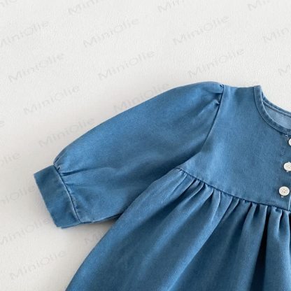 Baby Toddler Butterfly Denim Lace Hem Long Sleeve Dress - image 5