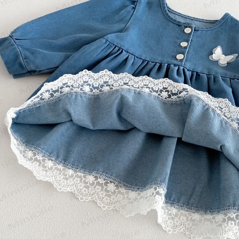 Baby Toddler Butterfly Denim Lace Hem Long Sleeve Dress - image 7