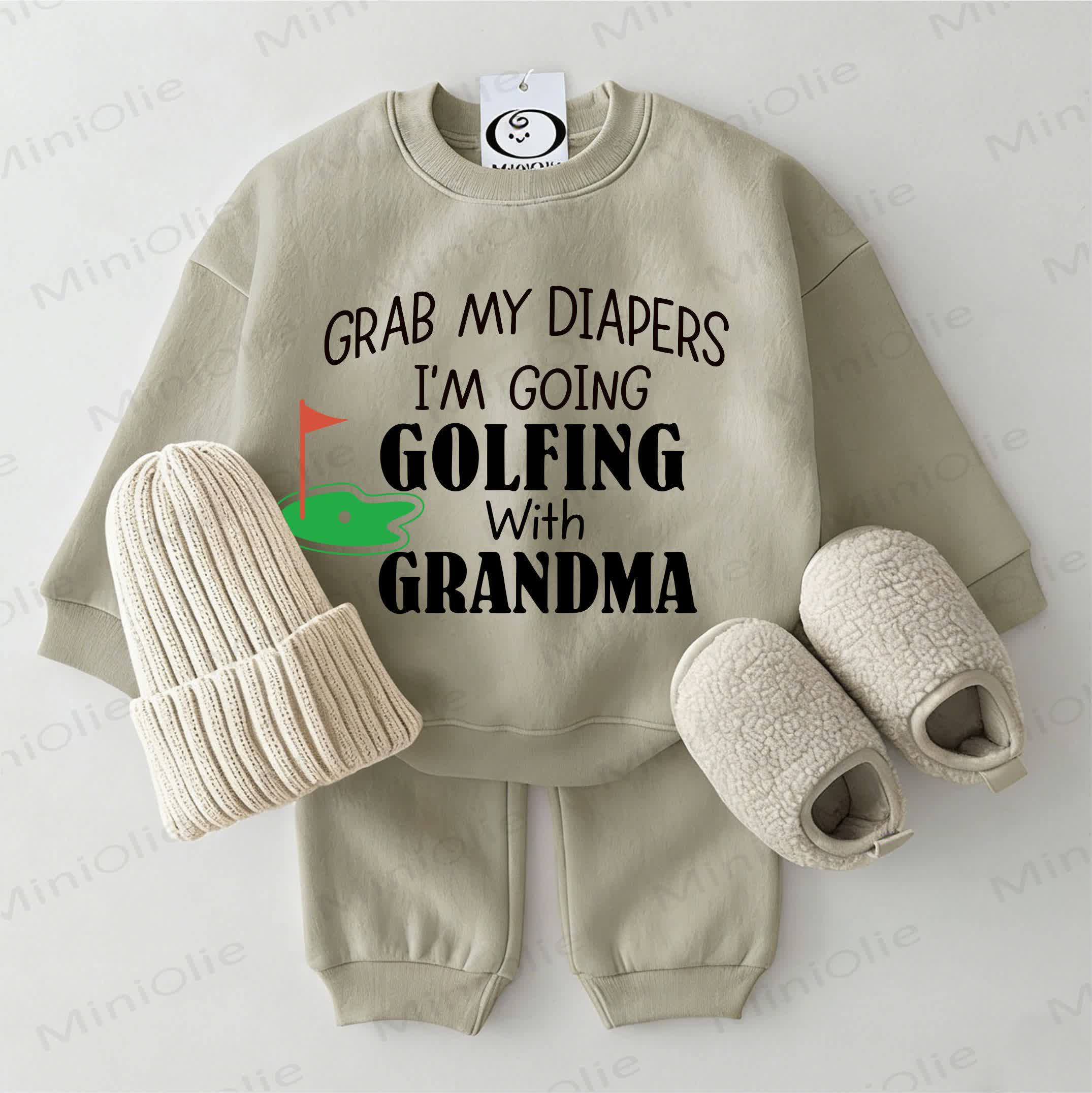 GRAB MY DIAPERS I'M GOING GOLFING WITH GRANDMA Baby Sweatshirt 2-piece Set - Grey Green - 2-3T - image 1