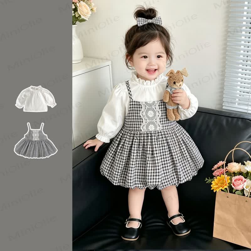 Baby Girl White Top and Gingham Pinafore Dress 2-piece Set - White - 4-5T - image 1