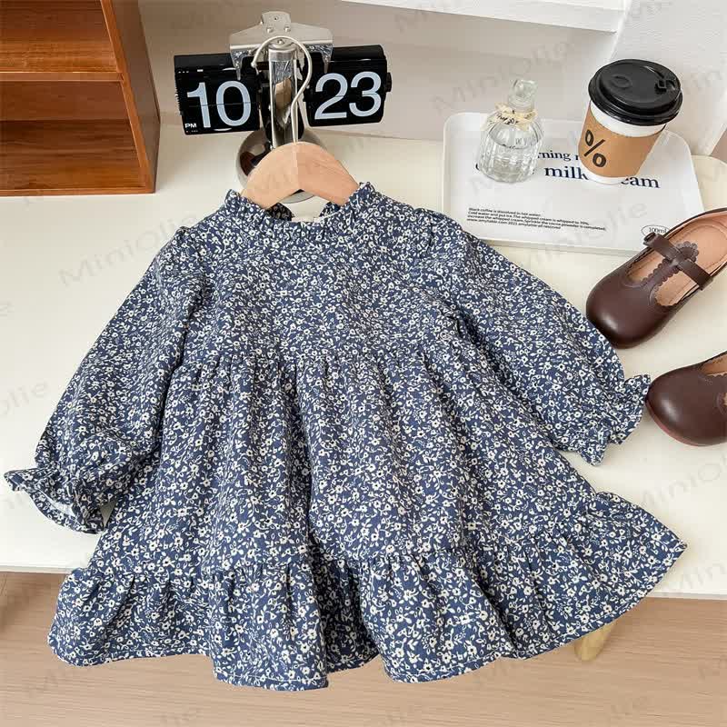 Toddler Girl Beige Cardigan or Navy Floral Long Sleeve Dress - Navy - 6.5-8T - image 3