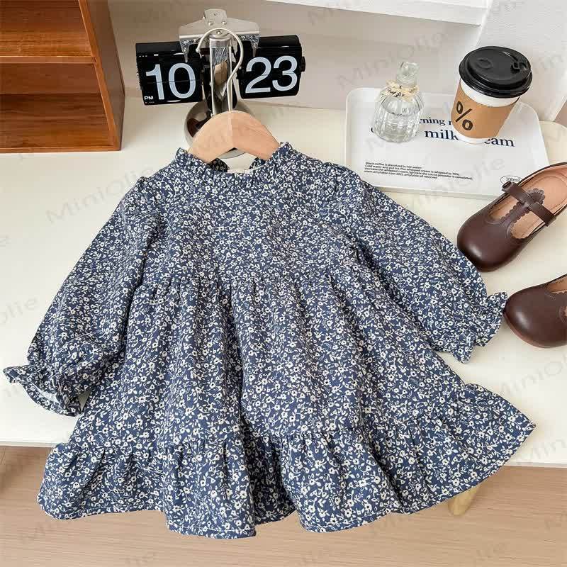Toddler Girl Beige Cardigan or Navy Floral Long Sleeve Dress - Navy - 6.5-8T - image 3