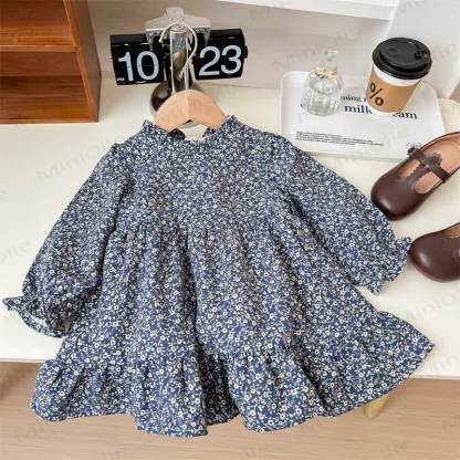 Toddler Girl Beige Cardigan or Navy Floral Long Sleeve Dress - Navy - 6.5-8T - image 3