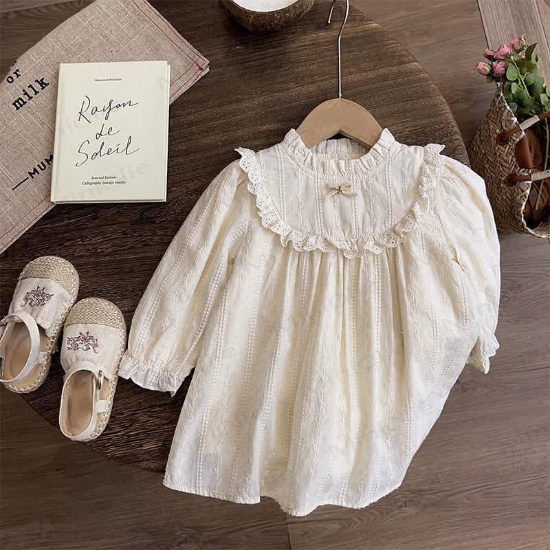Toddler Girl Beige Lace Collar Long Sleeve Dress - Beige - 8-9T - image 2