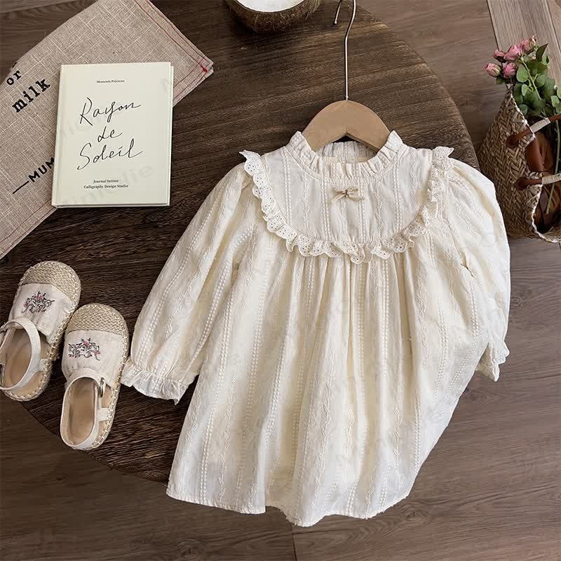 Toddler Girl Beige Lace Collar Long Sleeve Dress - Beige - 8-9T - image 2