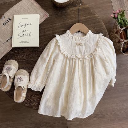 Toddler Girl Beige Lace Collar Long Sleeve Dress - Beige - 8-9T - image 2