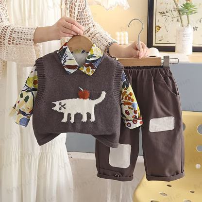 Toddler Cat Apple Knit Vest Casual 3-piece Set - Brown - 6-7T - image 3