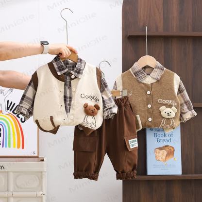 COOKIE Baby Toddler Bear Plaid Knit Vest 3-piece Set - image 1