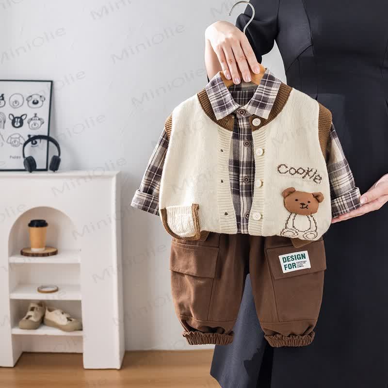 COOKIE Baby Toddler Bear Plaid Knit Vest 3-piece Set - White - 4-5T - image 3