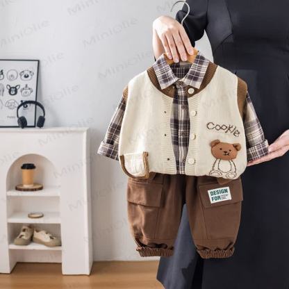 COOKIE Baby Toddler Bear Plaid Knit Vest 3-piece Set - White - 4-5T - image 3