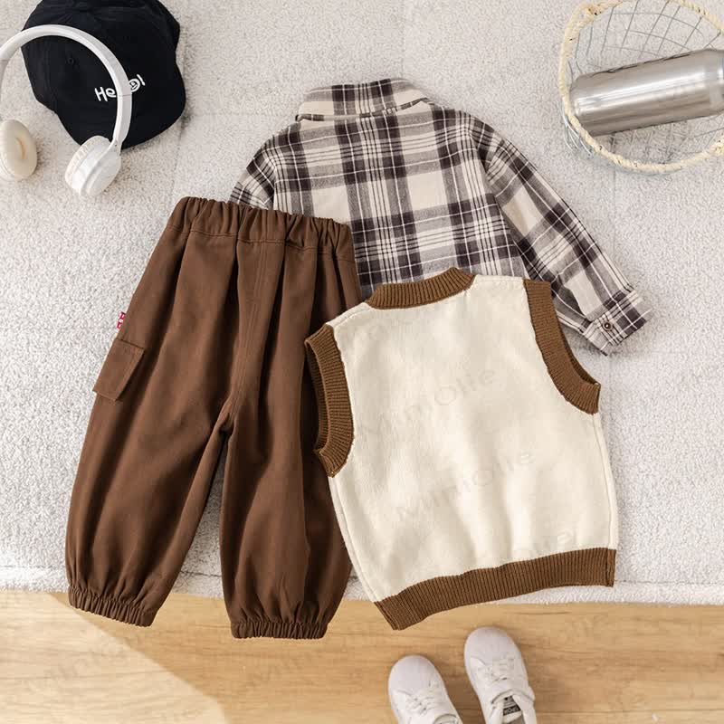 COOKIE Baby Toddler Bear Plaid Knit Vest 3-piece Set - image 4