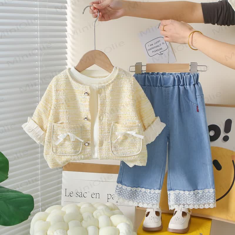 Toddler Girl Pink Tweed Cardigan and Denim 3-piece Set - Yellow - 4-5T - image 3