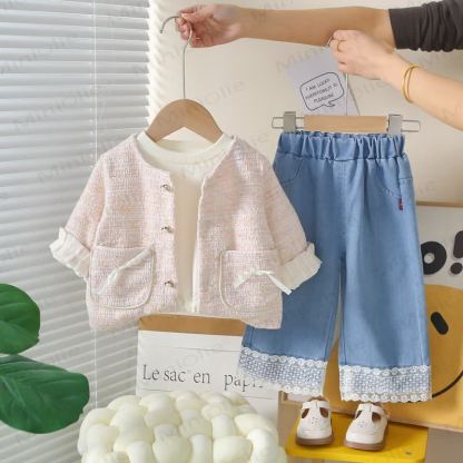 Toddler Girl Pink Tweed Cardigan and Denim 3-piece Set - Pink - 4-5T - image 2