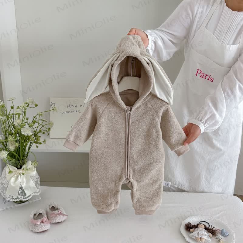 Baby Sherpa Bunny Ear Hooded Zip Front Romper - image 3