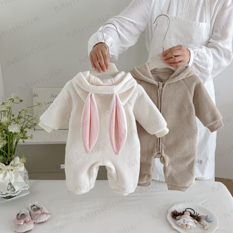 Baby Sherpa Bunny Ear Hooded Zip Front Romper - image 5