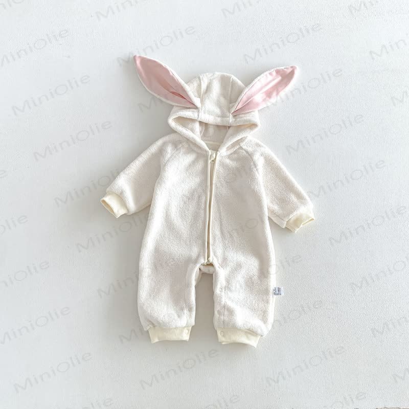 Baby Sherpa Bunny Ear Hooded Zip Front Romper - Beige - 18-24M - image 8