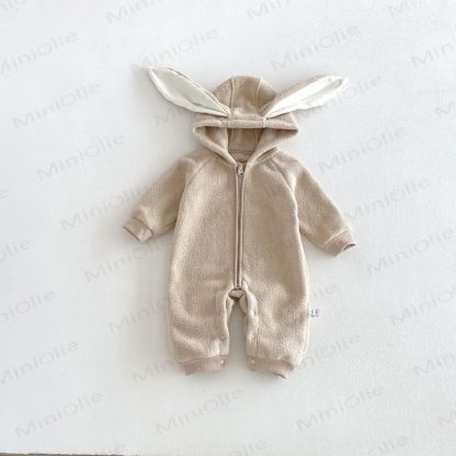 Baby Sherpa Bunny Ear Hooded Zip Front Romper - Khaki - 18-24M - image 16