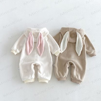 Baby Sherpa Bunny Ear Hooded Zip Front Romper - image 7