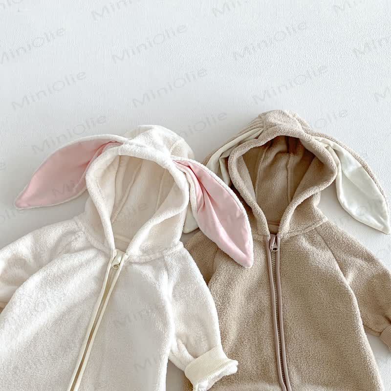 Baby Sherpa Bunny Ear Hooded Zip Front Romper - image 13