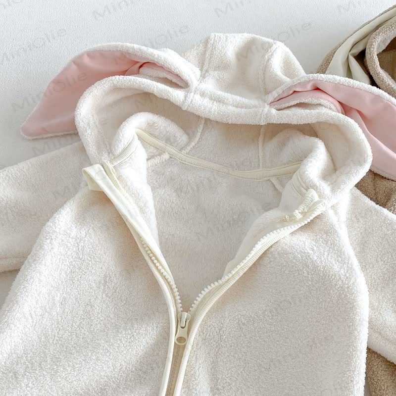 Baby Sherpa Bunny Ear Hooded Zip Front Romper - image 11