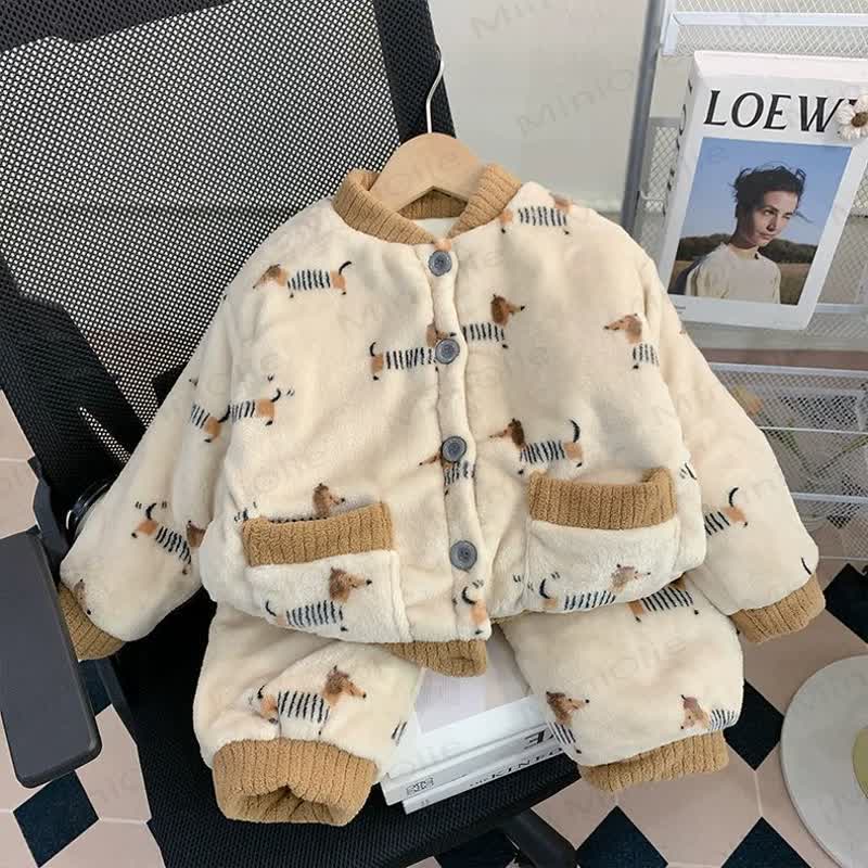Toddler Cozy Animal Print Plush Jacket and Pants Loungewear 2-piece Set - Brown Dachshund - 6-7T - image 1