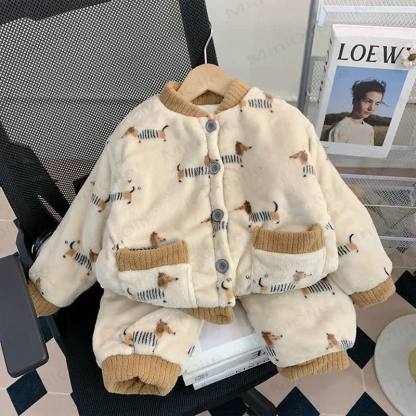 Toddler Cozy Animal Print Plush Jacket and Pants Loungewear 2-piece Set - Brown Dachshund - 6-7T - image 1