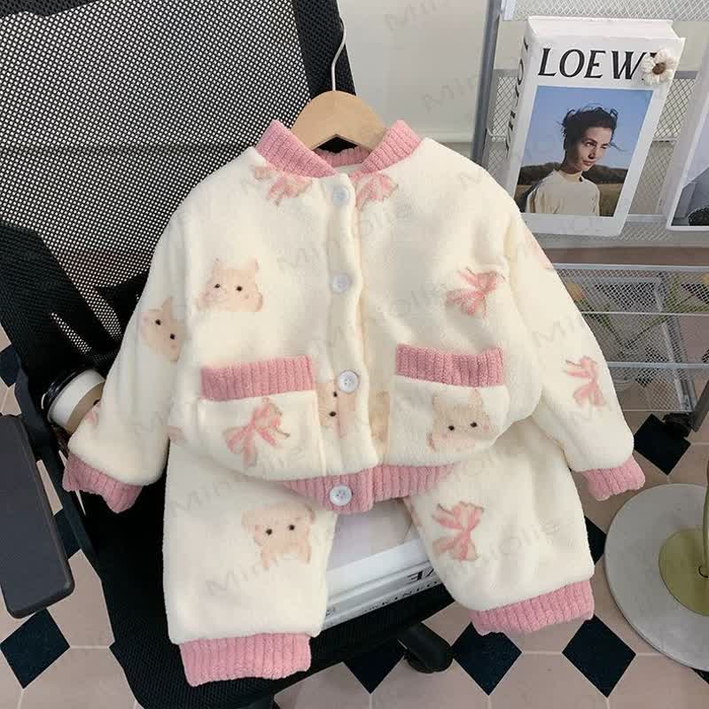 Toddler Cozy Animal Print Plush Jacket and Pants Loungewear 2-piece Set - Beige Bunny - 6-7T - image 2