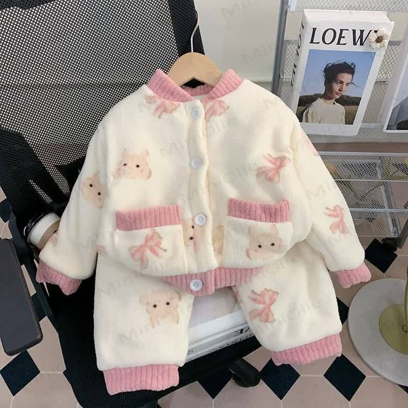 Toddler Cozy Animal Print Plush Jacket and Pants Loungewear 2-piece Set - Beige Bunny - 6-7T - image 2
