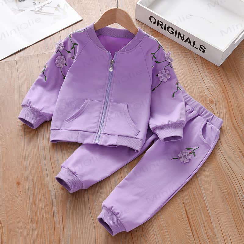 Toddler Girl Cozy Floral Embroidered Track 2-piece Set - Purple - 8-9T - image 2