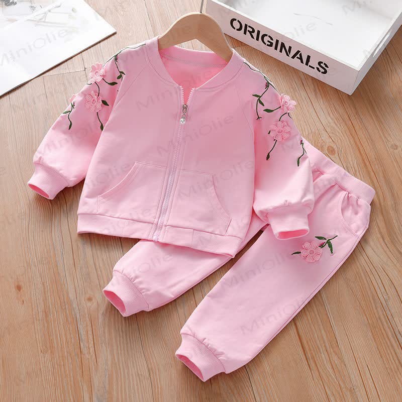 Toddler Girl Cozy Floral Embroidered Track 2-piece Set - Pink - 8-9T - image 3